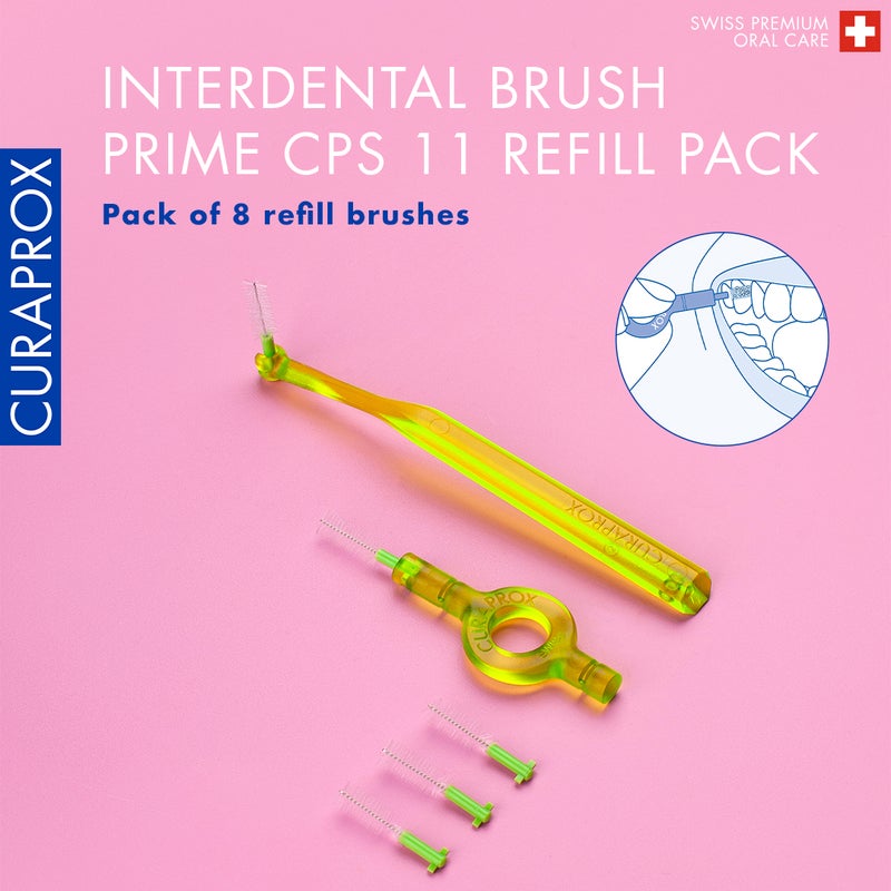 CURAPROX CPS Prime 011 Interdental Brush Refills | 8 Ultra-Fine Brushes (1.1mm - 5mm) for Effective Plaque Removal & Optimal Oral Hygiene, Lime Green Pack - Image 2